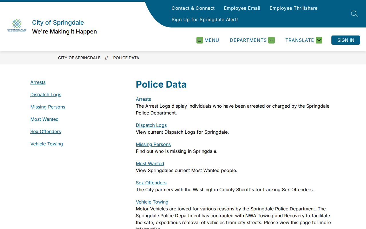 Springdale Police Data page for arrest logs and busted mugshot research