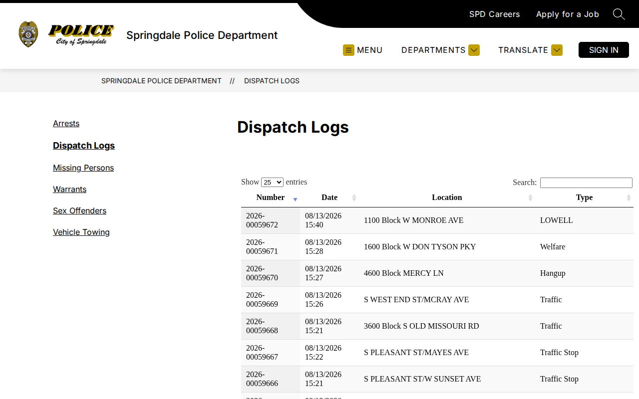 Springdale Police dispatch logs for arrest record research