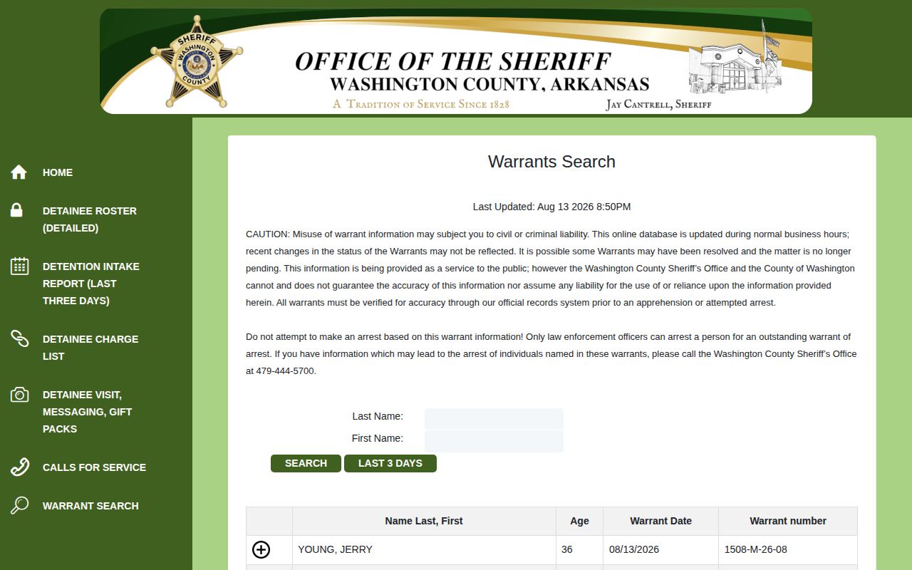 Washington County warrant record search form