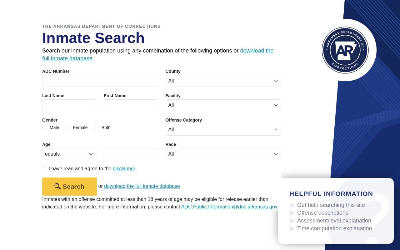 Arkansas DOC offender search for Washington County state correctional records