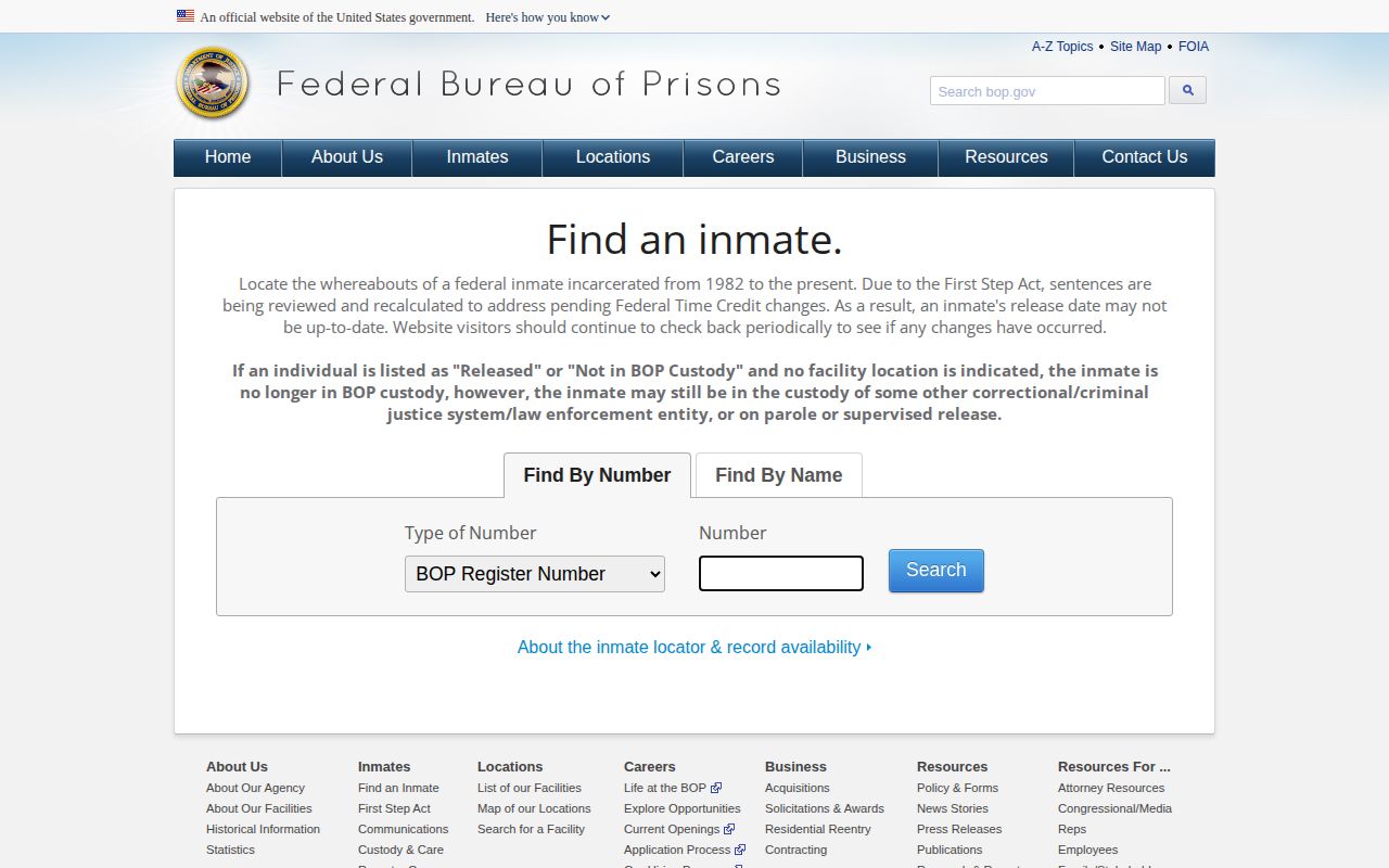 BOP federal inmate locator used for Washington County federal custody questions