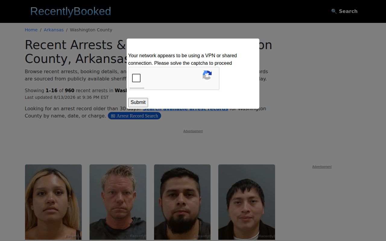 Unofficial Washington County booking archive interface for comparison with official records